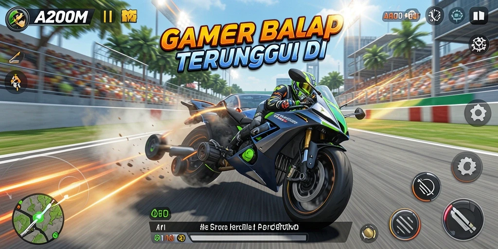Screenshot utama A200M menampilkan aksi balapan yang intens dan mendebarkan.
