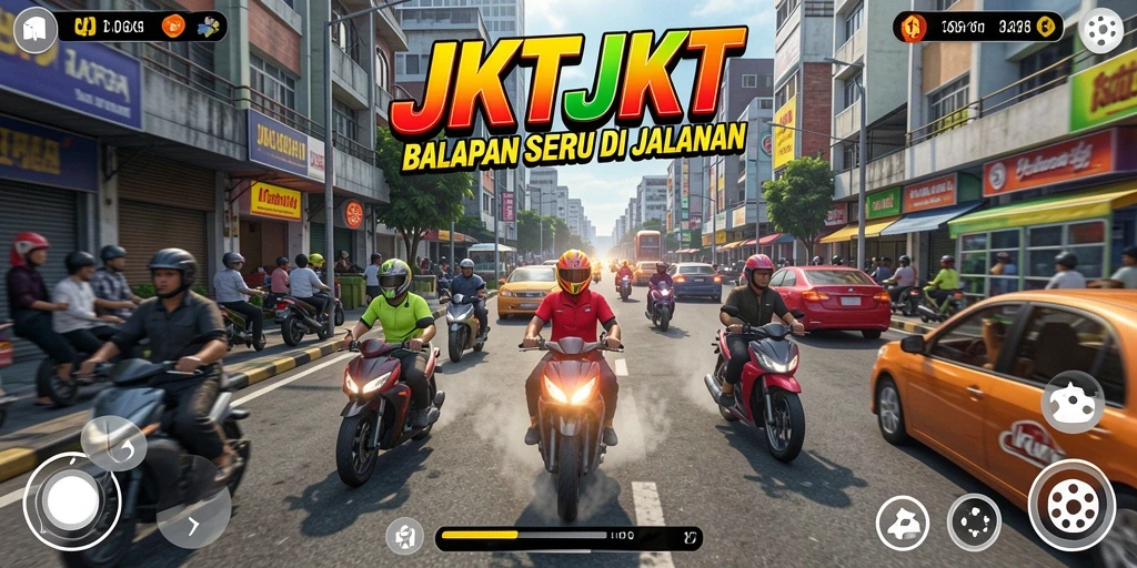 Tampilan gameplay balapan seru di JKTJKT dengan kendaraan melaju kencang.