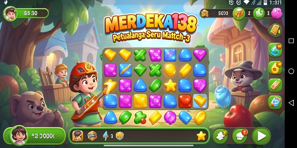 Tangkapan layar gameplay MERDEKA138 menunjukkan aksi mencocokkan item seru.