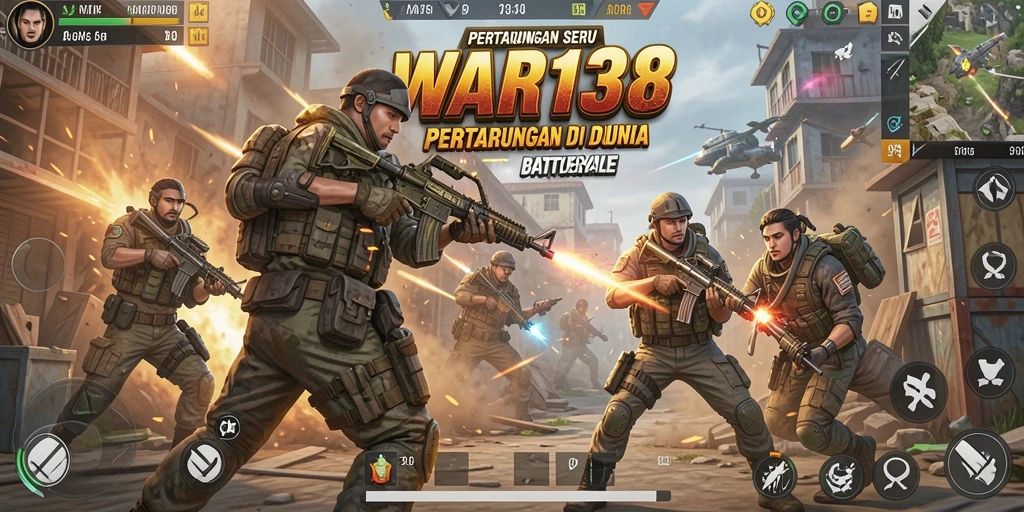 Tangkapan layar utama WAR138 menampilkan aksi seru dalam pertempuran Battle Royale.
